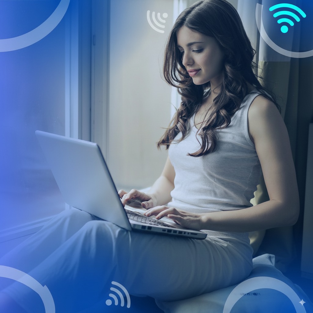 Mulher usando notebook com internet rápida da Ultranet